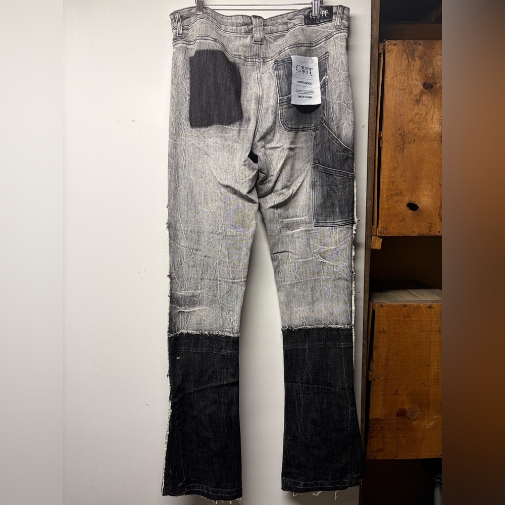 Men's Black and Gray Patchwork Stack Jeans NWT - image 2